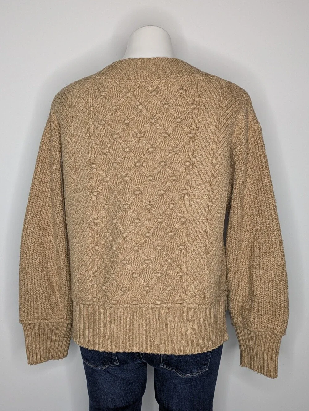 Anthro Maeve Tan Popcorn Knit Long Sleeve V Neck Cotton Blend Sweater M